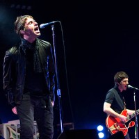 Liam and Noel Gallagher from English rock band Oasis, live on stage at Wembley Arena, London, October 16, 2008.