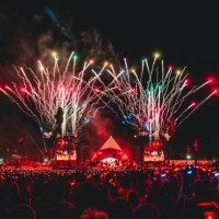 Lighting and firework display of Headlining act Coldplay on the Pyramid Stage during day four of Glastonbury Festival 2024 at Worthy Farm, Pilton on...