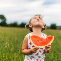 little girl eating watermelon on a meadow - food stock pictures, royalty-free photos & images