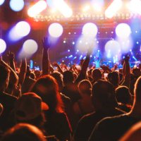live music event, concert crowd arms raised, audience cheering - concert stock pictures, royalty-free photos & images