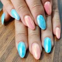 long fingernails in light blue and pink iridescent colors - nails art stock pictures, royalty-free photos & images