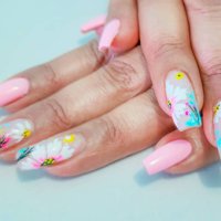 long fingernails in pink color and floral pattern - nails art stock pictures, royalty-free photos & images