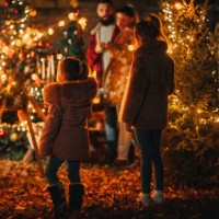lovely family enjoying their decorated yard at christmas eve - garden decoration stock pictures, royalty-free photos & images