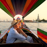 lover couple journey around city for sightseeing landmarks by long tail boat. local travel destination. - travel stock pictures, royalty-free photos & images