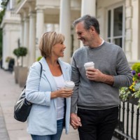 loving couple on the street having a cup of coffee to go - junk food stock pictures, royalty-free photos & images