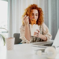 lunch break when working from home is time to think - junk food stock pictures, royalty-free photos & images