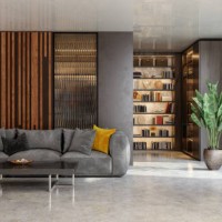 luxuriöses wohnzimmer interieur mit sofa und bücherregal. gartenblick aus dem fenster. - garden decoration stock-fotos und bilder