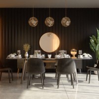 luxurious dining room interior with dining table, decorative objects, pendant lights and potted plant. - home decoration stock pictures, royalty-free photos & images