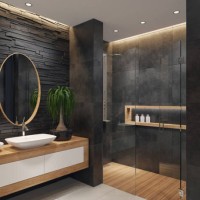 luxurious minimalist bathroom with slate black stone wall - home decoration stock pictures, royalty-free photos & images