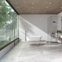 luxury bathroom interior with bathtub, shower cabin, mirror and garden view through the window - garden decoration stock pictures, royalty-free photos & images