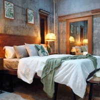 luxury concrete bedroom at night - home decoration stock pictures, royalty-free photos & images