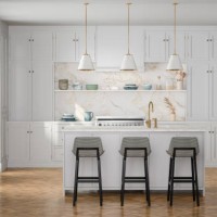 luxury kitchen interior with white cabinets, kitchen island and stools - food stockfoto's en -beelden