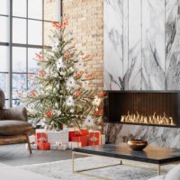 luxury living room with fireplace and christmas decoration - home decoration stock pictures, royalty-free photos & images