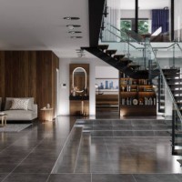 luxury modern house interior with corner sofa, bookshelf and staircase - home decoration stock pictures, royalty-free photos & images
