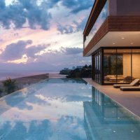 luxury tropical pool villa at dusk - travel stock pictures, royalty-free photos & images