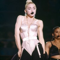 Madonna in concert in Tokyo, Japan. She wears the famous outfit designed by Jean-Paul Gaultier.