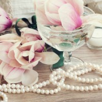 magnolia flowers with pearls on wooden table - garden decoration stock pictures, royalty-free photos & images