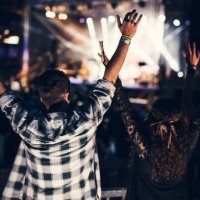 main event of the festival is starting, friends cheering with arms wide open . rear view - concert stock pictures, royalty-free photos & images