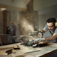 male carpenter cutting wood plank with electric saw at construction site. - home decoration stock pictures, royalty-free photos & images