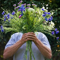 man holding bunch of garden flowers. - garden decoration stock pictures, royalty-free photos & images