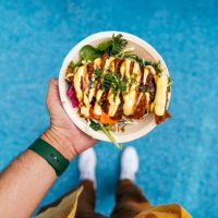 man holding wooden plate with tonkatsu, directly above view - food stock pictures, royalty-free photos & images