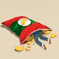 man inside large potato chip bag - junk food stock illustrations