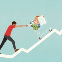 man pushing shopping cart of groceries up line chart arrow - food stock illustrations