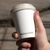 man's hand holding a biodegradable cardboard coffee cup - junk food stock pictures, royalty-free photos & images