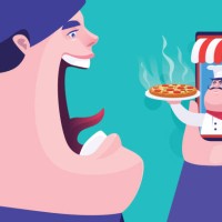 man surprising while looking at chef holding pizza and emerging from online store on smartphone - junk food stock illustrations