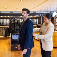 man trying on a suit at a clothing store - fashion stock pictures, royalty-free photos & images