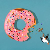 man with broom sweeping up donut sprinkles - junk food stock illustrations