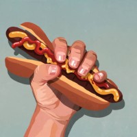 mans hand squeezing hot dog - junk food stock illustrations