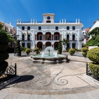 mansion and courtyard with fountain and shrubs, priego de cordoba, andalusia, spain - garden decoration stock pictures, royalty-free photos & images