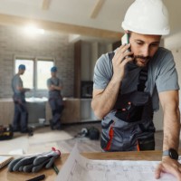 manual worker talking on cell phone during home renovation process. - home decoration stock-fotos und bilder