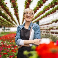 mature woman working at greenhouse garden posing holding digital tablet - garden decoration stock pictures, royalty-free photos & images
