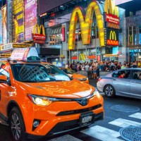 McDonald's fast foot restaurant located in Manhattan in Times Square in the heart if the Big Apple. Taxis on busy Broadway in front of the store New...