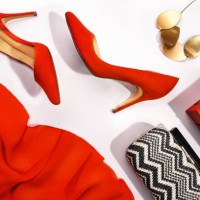 merry christmas and happy new year party concept with red shoes, make-up and beauty accessories. - fashion fotografías e imágenes de stock