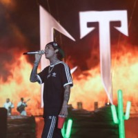 Mexican singer Natanael Cano performs on stage during his 'Tumbado Tour' at GNP Seguros Stadium.