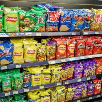 Mexico City, Mexico, Anzures, Gomart convenance store, snacks food chips, Ruffles Sabritas, bags.