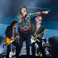 Mick Jagger, Keith Richards, and Ronnie Wood from The Rolling Stones perform at Hippodrome de Longchamp on July 23, 2022 in Paris, France.