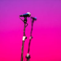 microphone feet with microphones over pink and purple - concert stock pictures, royalty-free photos & images