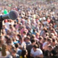 microphone in front of crowd - concert stock pictures, royalty-free photos & images