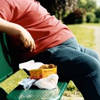 mid-section of an overweight man sitting on a park bench with take-away food - junk food stock pictures, royalty-free photos & images