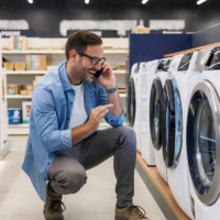 mid adult man buying a washing machine in an appliance store - home decoration stock pictures, royalty-free photos & images