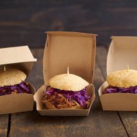 mini-burger with pulled pork, red cabbage and fried onions in boxes - junk food stock pictures, royalty-free photos & images