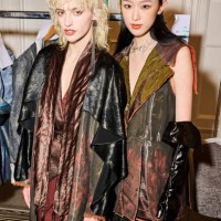 Model backstage ahead of the Apujan show during London Fashion Week September 2024 at The Waldorf Hilton Hotel on September 16, 2024 in London,...