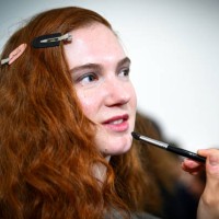 Model backstage at the TOGA show during London Fashion Week February 2025 at Royal Academy of Arts on February 23, 2025 in London, England.