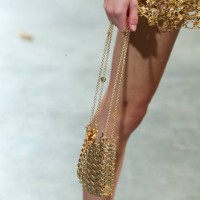 Model, bag detail, walks the runway during the Paco Rabanne Ready to Wear Spring/Summer 2025 fashion show as part of Paris Fashion Week on September...