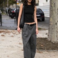 Model Capucine Clowes is seen wearing a black top, gray pants, black belt and black bag outside the Chanel show during the Womenswear Spring/Summer...