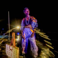 Model dressed in an Apocalypse costume poses for a photo during the Kibera Fashion Week event that was hosted by a Kenyan designer David Ochieng on...